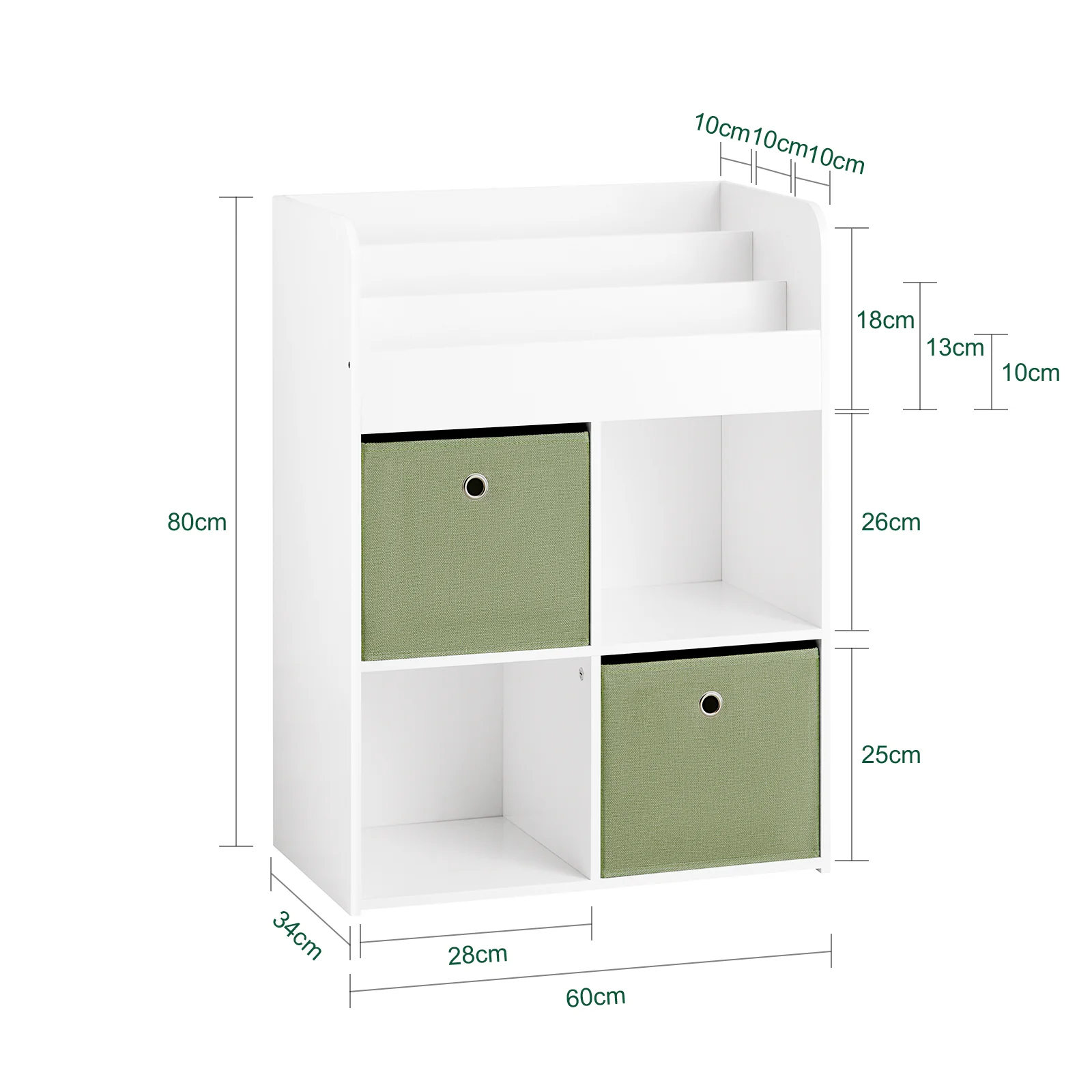 SoBuy KMB79-W Kinderbibliotheek, Speelgoed- en Boekenrek, Opbergmeubel met 3 Planken, 4 Vakjes en 2 Opbergdozen, 60x34x80 cm - Image 5