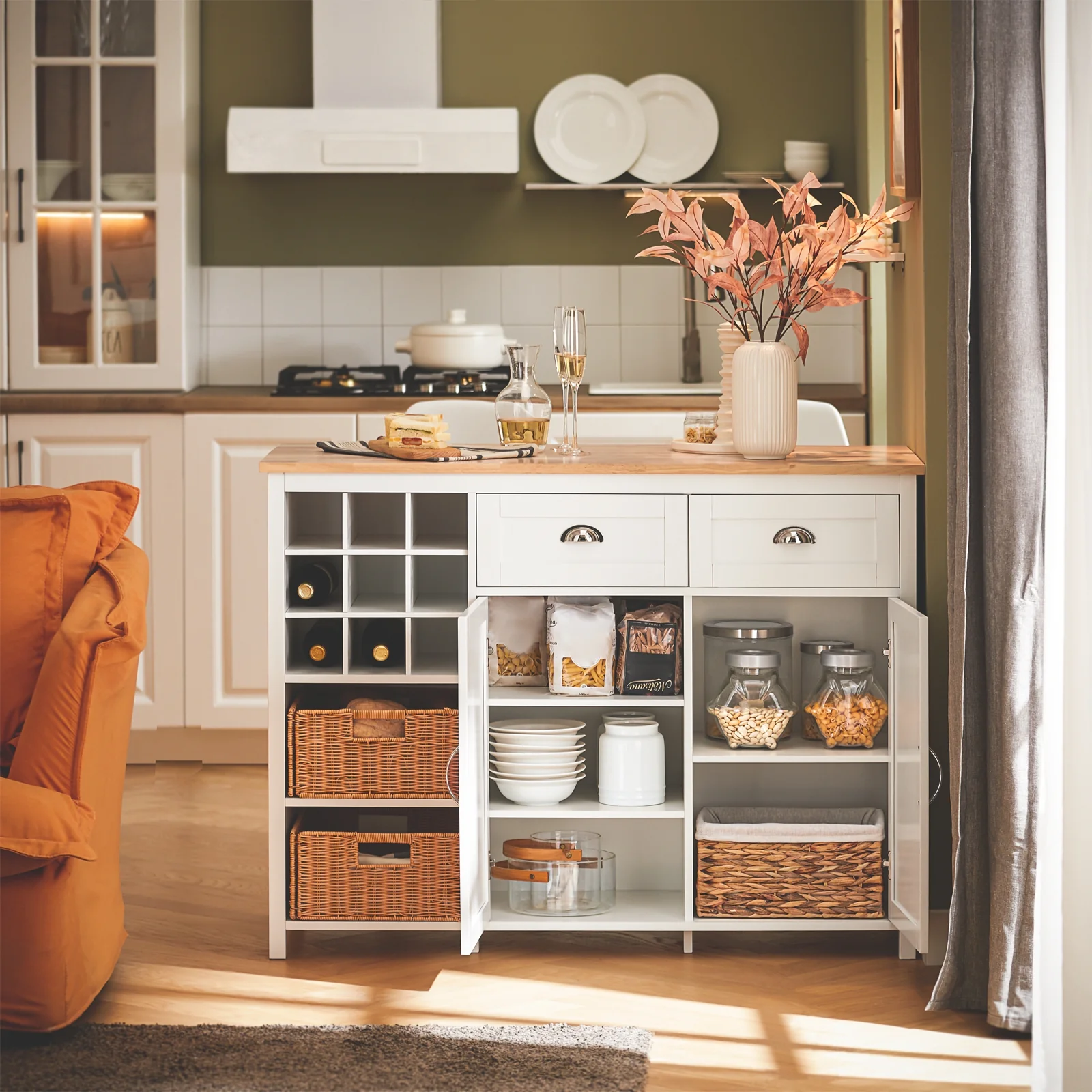 SoBuy KNL05-W Keukeneiland met Wijnrek voor 9 Flessen – Keukenkast & Barmeubel met 2 Lades, 2 Deuren en Rotan Mandjes – 120×56×90 cm - Image 4