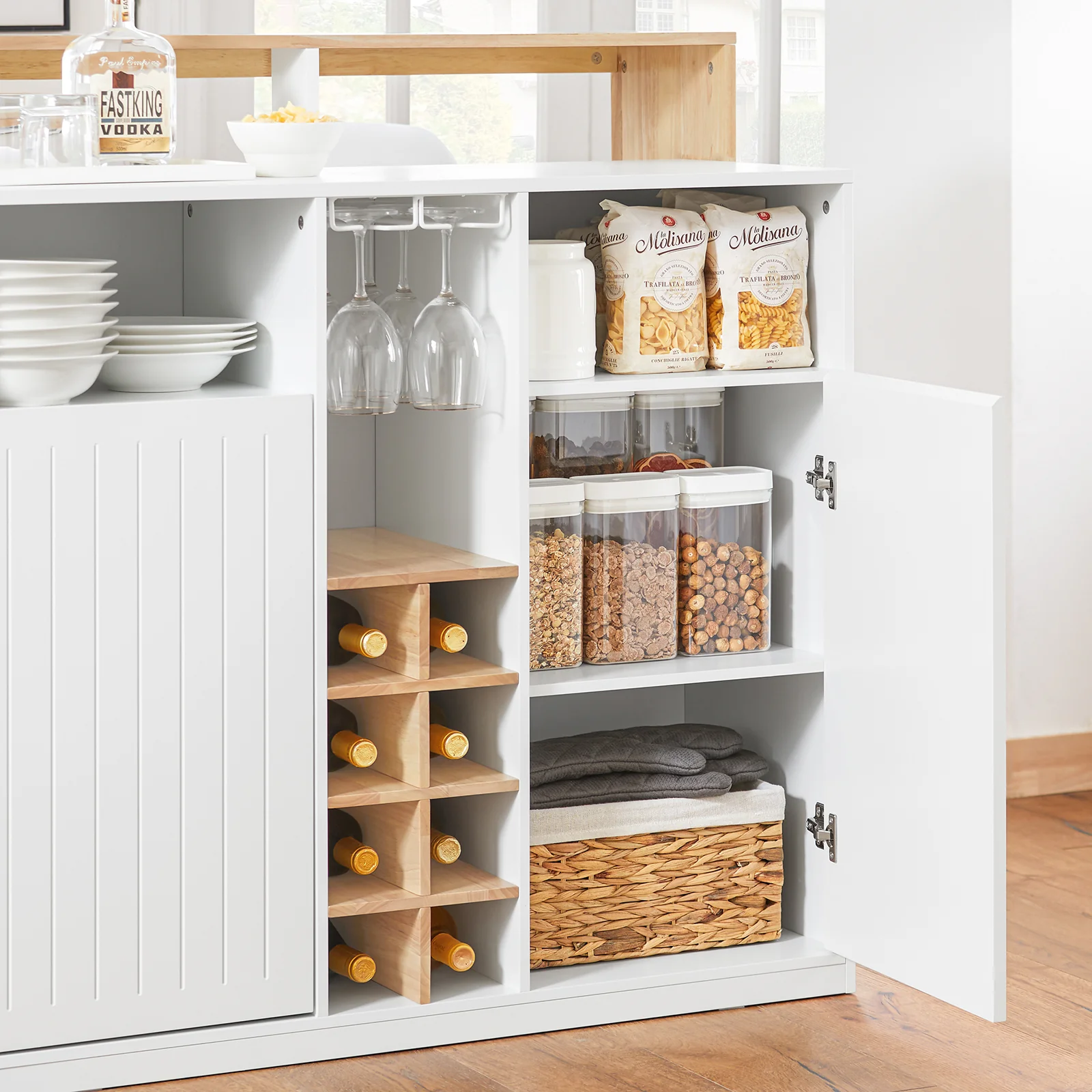 SoBuy KNL07-WN Keukeneiland met Wijnrek – Multifunctionele Opbergkast & Barmeubel – Dressoir voor Keuken en Woonkamer – Wit & Natuurhout – 105×60×105 cm - Image 16