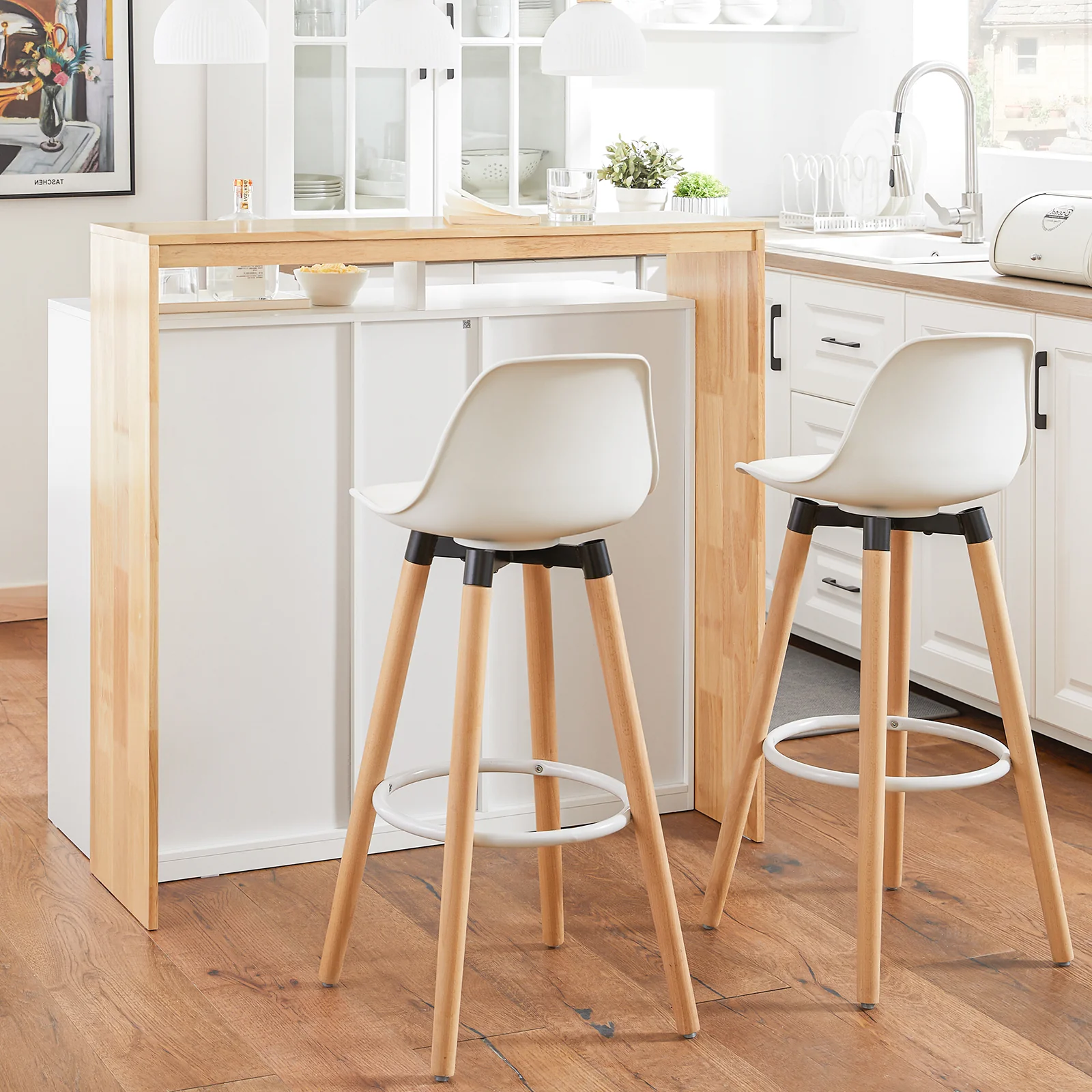 SoBuy KNL07-WN Keukeneiland met Wijnrek – Multifunctionele Opbergkast & Barmeubel – Dressoir voor Keuken en Woonkamer – Wit & Natuurhout – 105×60×105 cm - Image 4