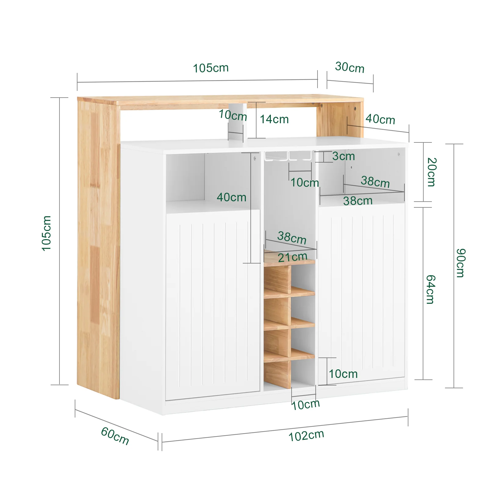SoBuy KNL07-WN Keukeneiland met Wijnrek – Multifunctionele Opbergkast & Barmeubel – Dressoir voor Keuken en Woonkamer – Wit & Natuurhout – 105×60×105 cm - Image 5