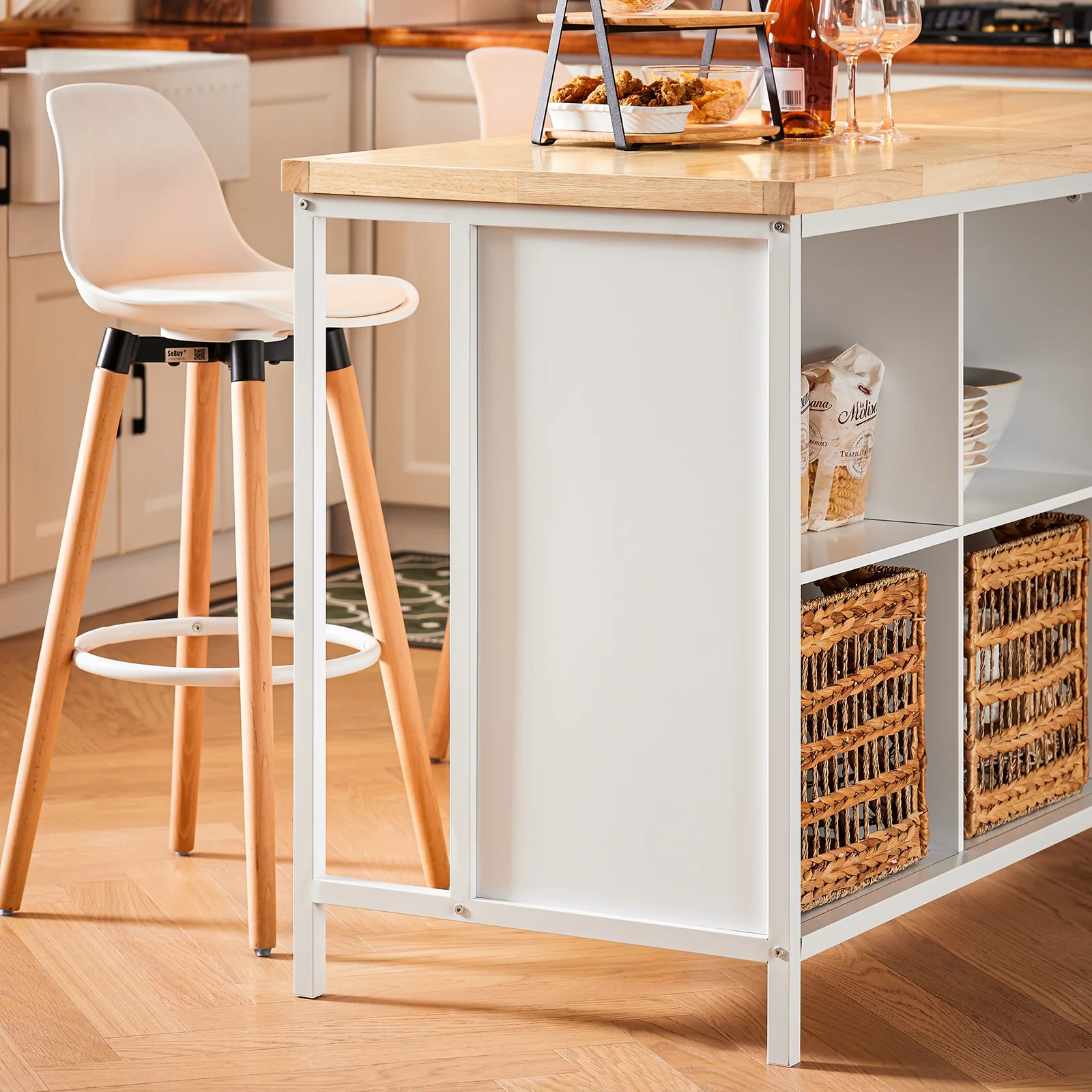 SoBuy KNL09-WN Keukeneiland 3-in-1 – Keukenkast & Bartafel – Buffetkast met 4 Open Vakken en Kast – 170×60×89 cm – Wit/Natuur - Image 11