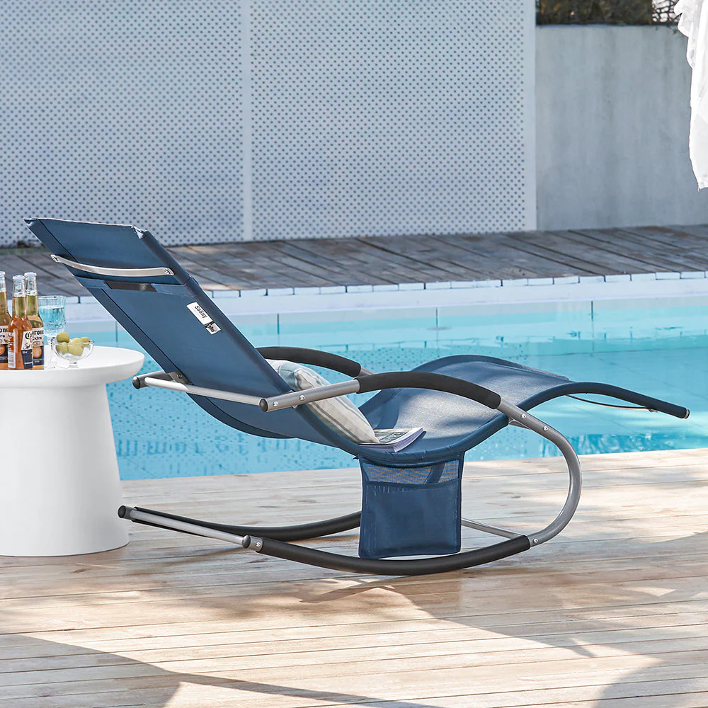 SoBuy OGS28-NB | Ligstoel | Tuinstoel | Swingstoel | Schommelstoel | Ergonomische | met Verstelbare Hoofdsteun en Zijzak | Marineblauw - Image 5