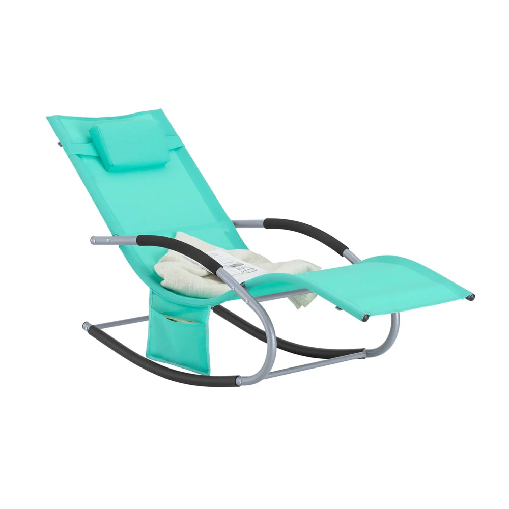 SoBuy OGS28-TB | Ligstoel | Tuinstoel | Swingstoel | Schommelstoel | Ergonomische | met Verstelbare Hoofdsteun en Zijzak | Turkoois