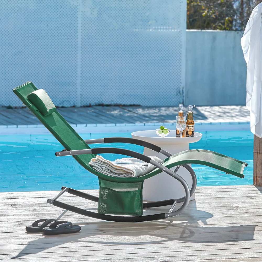 SoBuy OGS28-WD | Ligstoel | Tuinstoel | Swingstoel | Schommelstoel | Ergonomische | met Verstelbare Hoofdsteun en Zijzak | Donkergroen - Image 6