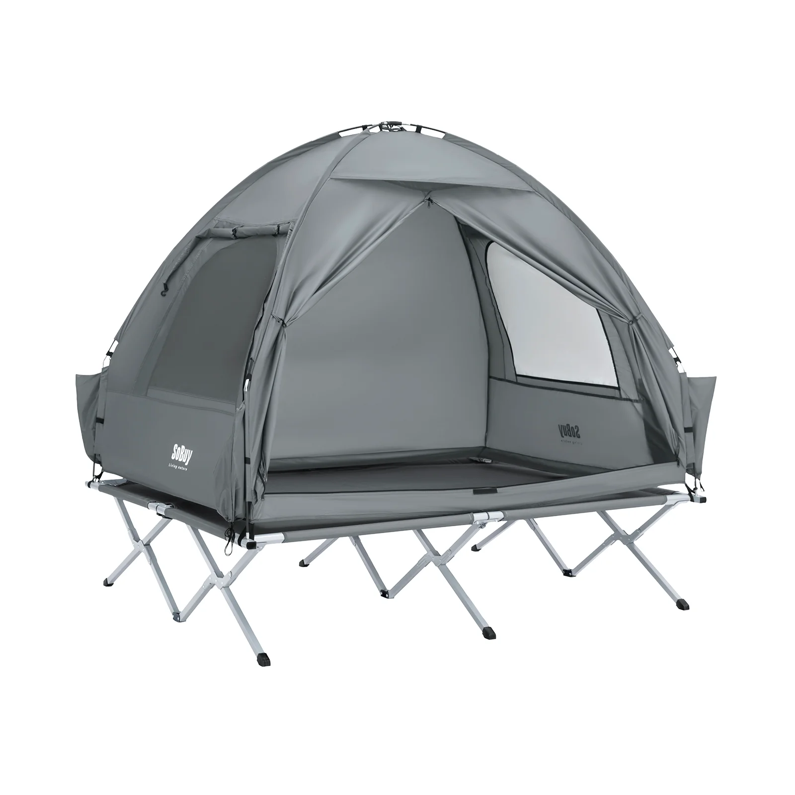 SoBuy OGS32-II-L-HG Buitenkampeertent met lampenhaken en schoenenopbergvakken 3-in-1 praktisch veldbed