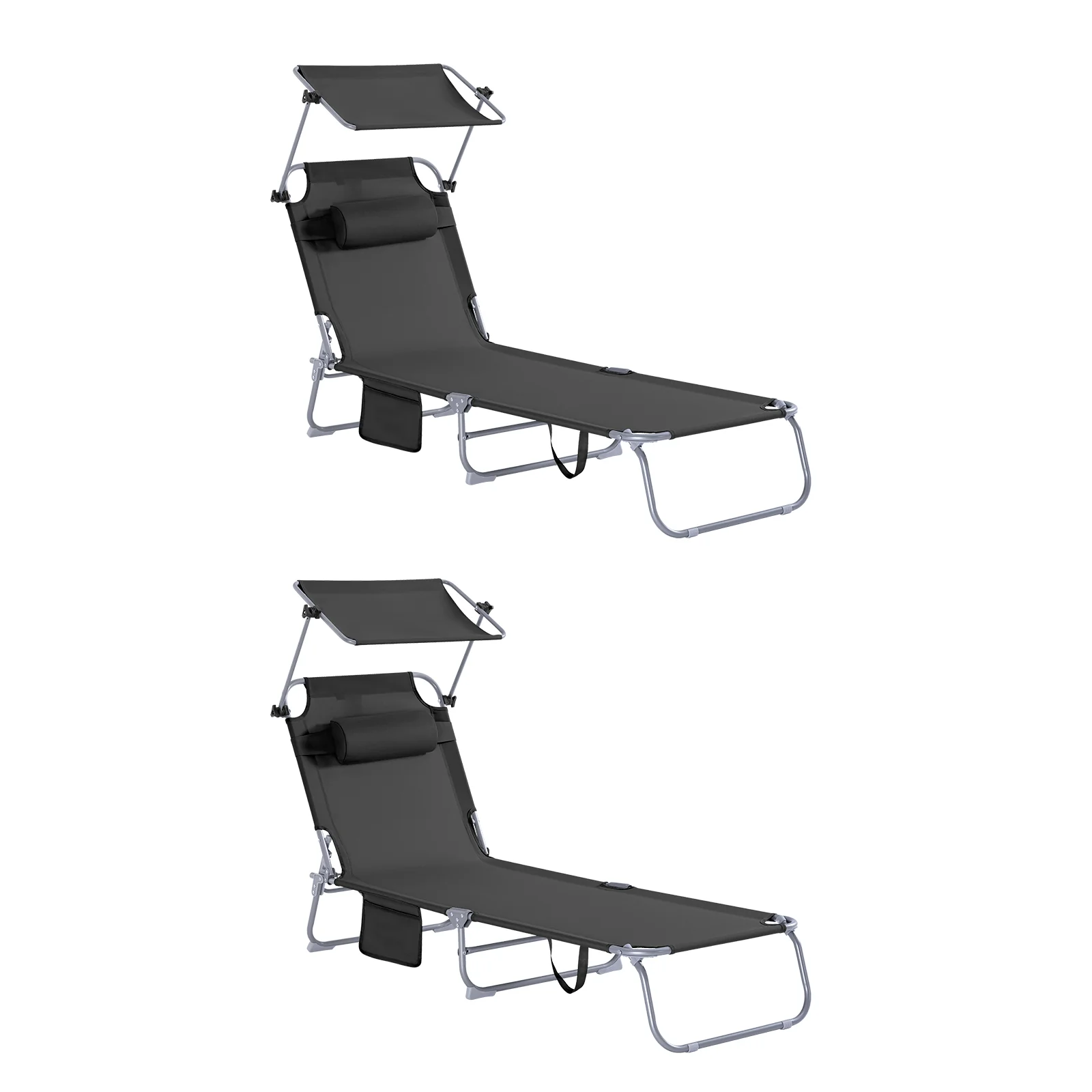 SoBuy Set van 2 Opvouwbare Ligstoelen, Verstelbare Lounge Stoelen met Luifel & 4 Standen - UV-Beschermende Zonnekap, Voor Zwembad, Camping en Buitenleven,Zwart, OGS48-SCHx2
