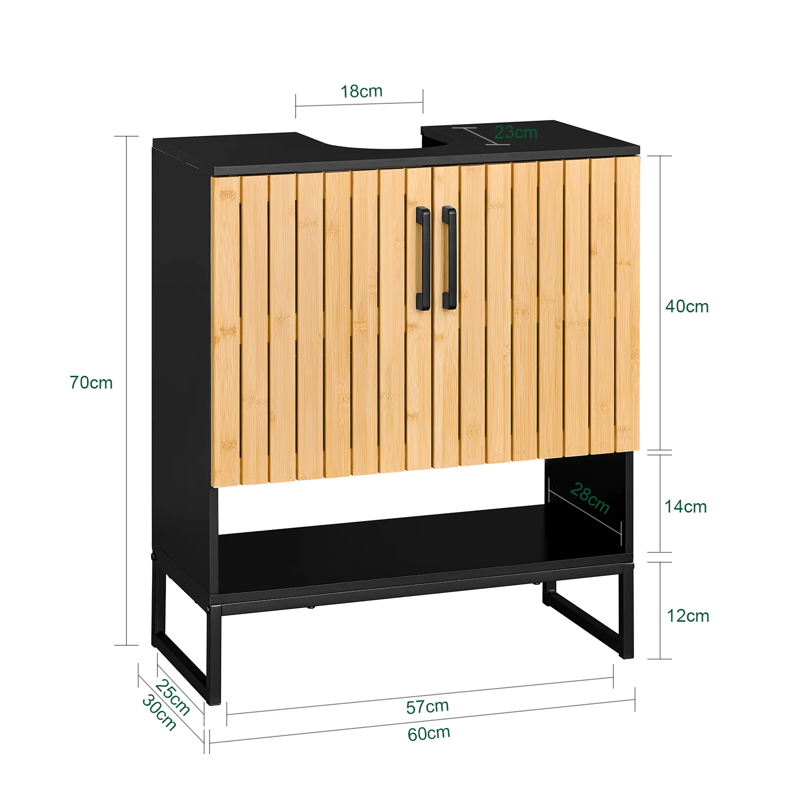 SoBuy BZR202-SCH Onderkast voor wastafel, badkamer, 60 cm, klein opbergmeubel met deuren van bamboe en metalen poten, onderkast voor toilet of badkamer - Image 5