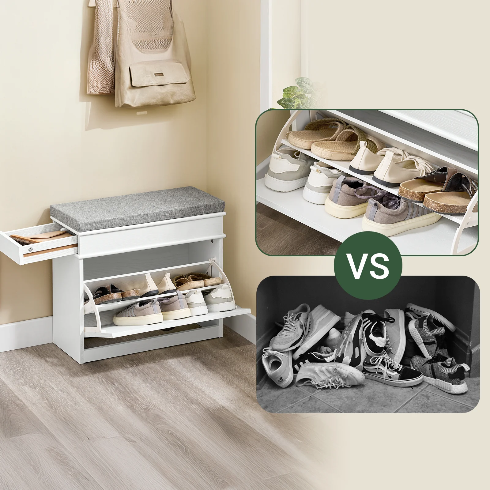 SoBuy FSR82-K-WG Schoenenkast entreebank – schoenenbank met toiletzitting en schoenenopbergkussen voor hal, woonkamer 61 x 24 x 51 cm, capaciteit 113 kg, wit antiek houteffect - Image 6