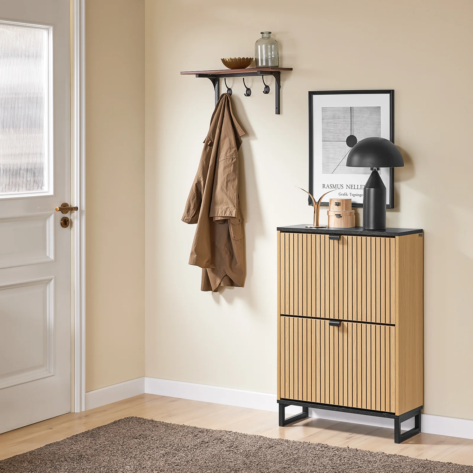 SoBuy FSR202-N Schoenenkast voor entree, dunne schoenenkast, compacte schoenenopslag en Scandinavisch design, geschikt voor 8-12 paar, zwart en licht hout, 60 x 24 x 88 cm - Image 3