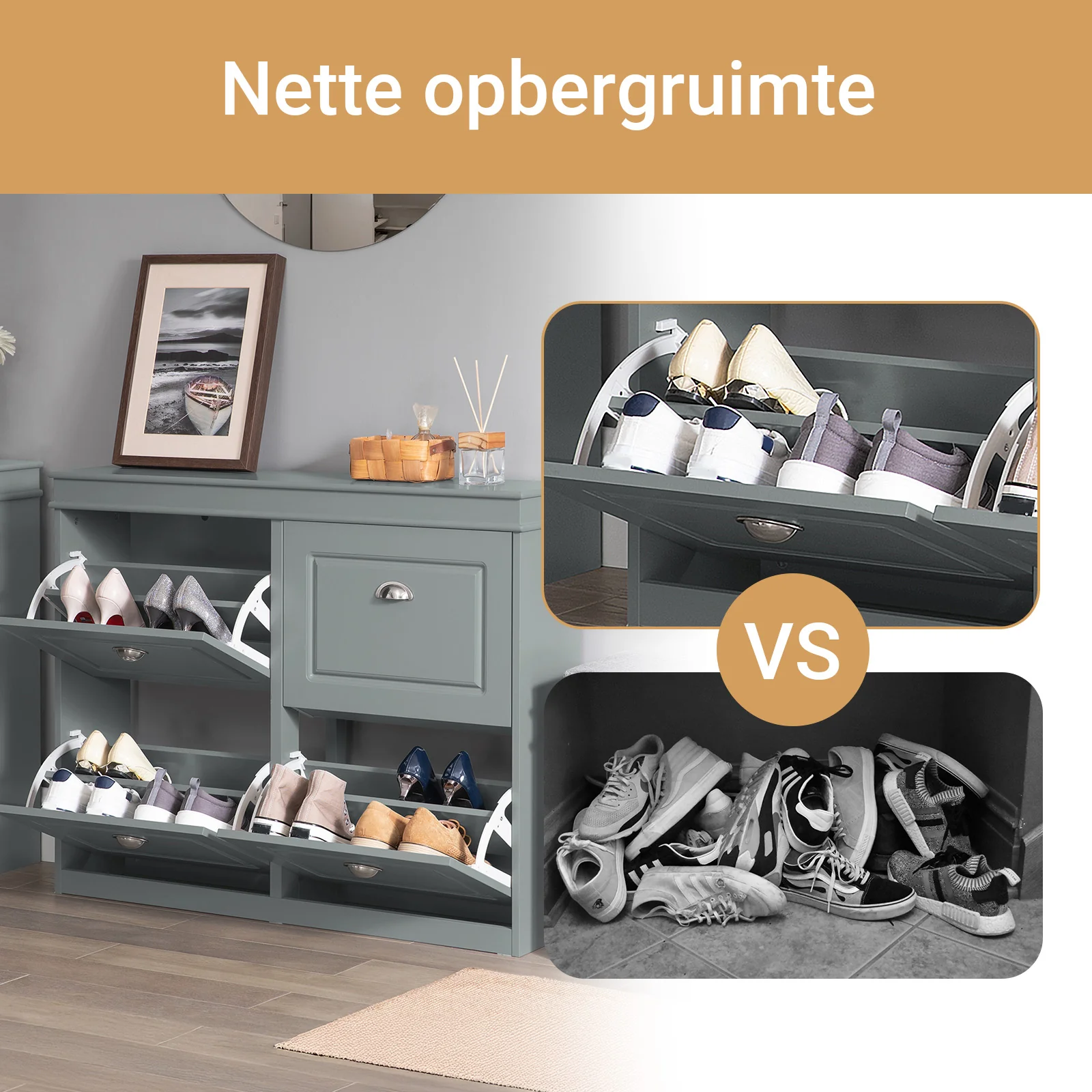 SoBuy FSR79-HG Schoenenkast met 4 Kleppen, Schoenenrek voor de Hal, Schoenenmeubel, Opslag tot 16 Paar, voor Gang en Entree, 105x24x83 cm, Grijs - Image 3