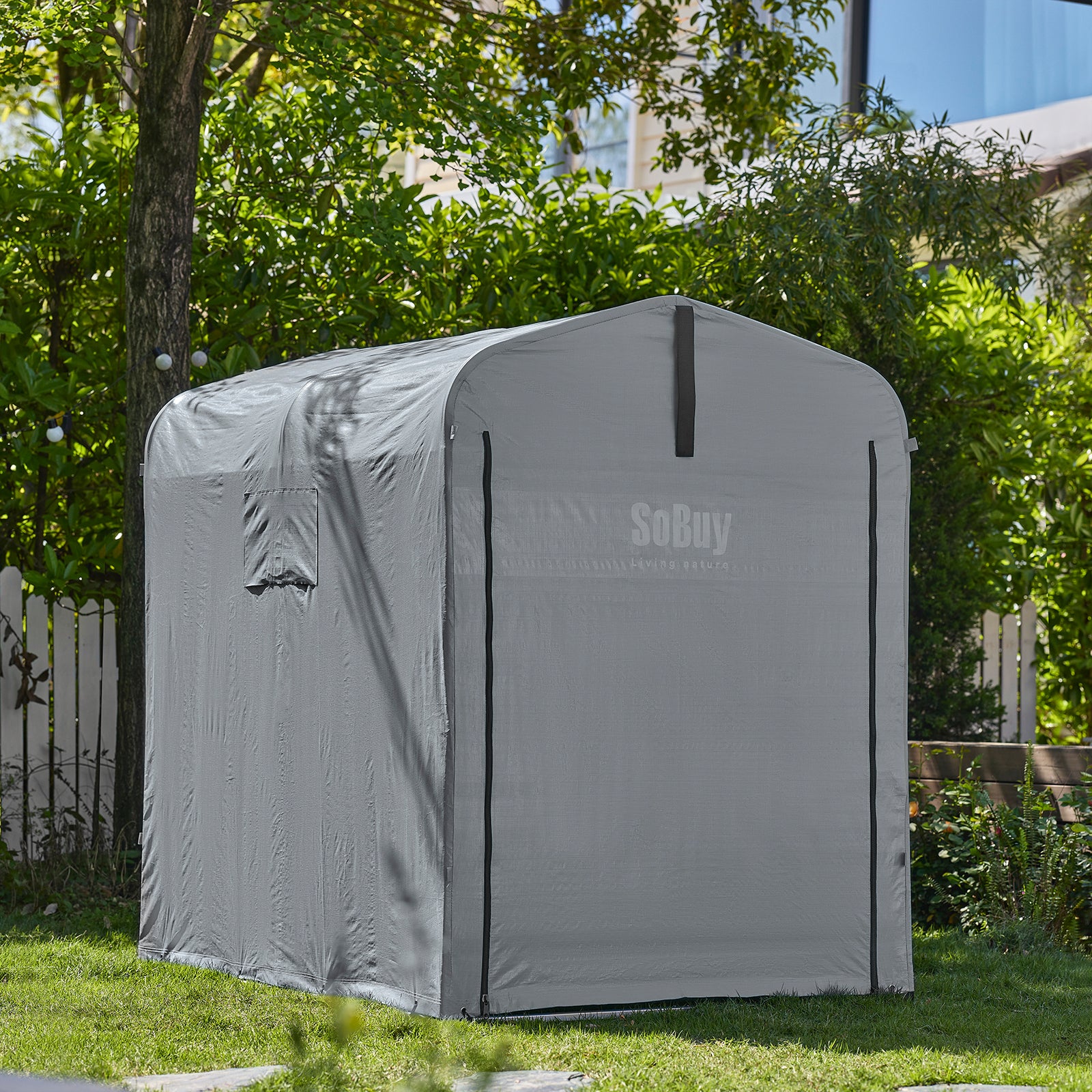 SoBuy KLS11-DG Tuinhuis, tuinhuis voor buiten, waterdicht, motorhuis met haken, garage voor fiets en gereedschap, fietsschuur, opslag en opslag, grijs, 120 x 176 x 163 cm - Image 5