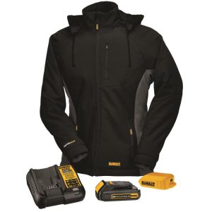 DEWALT Hooded Soft Shell Jacket Kitted: Battery Adapter & Charger Black – Medium