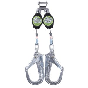Peakworks Dual Self-Retracting Lifeline Fall Protection Twin Leg SRL with Webbing 2 Form Hooks 6 Ft. Length Black