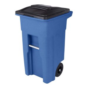 Toter 32 Gallon Blue Trash Can with Quiet Wheels and Attached Black Lid