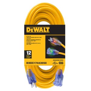 DEWALT 50′ 12/3 SJTW Lighted Extension Cord Yellow