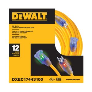 DEWALT 100′ 12/3 SJTW Lighted Ext Cord