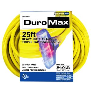 Duromax SJTW Lit Extension Power Cord 25′ 10ga Triple Tap 100% Copper
