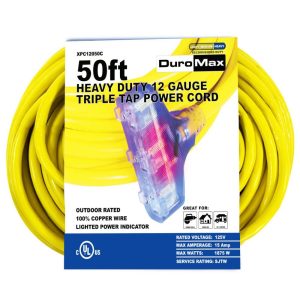 Duromax SJTW Lit Extension Power Cord 50′ 12ga Triple Tap 100% Copper