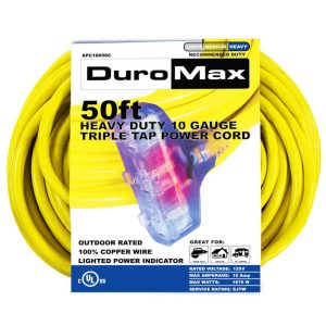 Duromax SJTW Lit Extension Power Cord 50′ 10ga Triple Tap 100% Copper