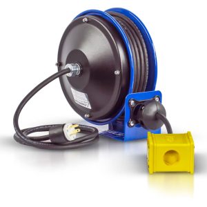Coxreels Hose Reel 30′ Compact Spring Driven Cord Quad Receptacle with 12GA Steel Base